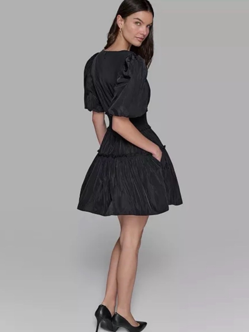 Karl Lagerfeld Paris Black Puff Sleeve Cinch Waist Mini Dress - Picture 3 of 5